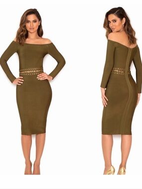 House of CB Olive Off-Shoulder Bodycon Midi Dress